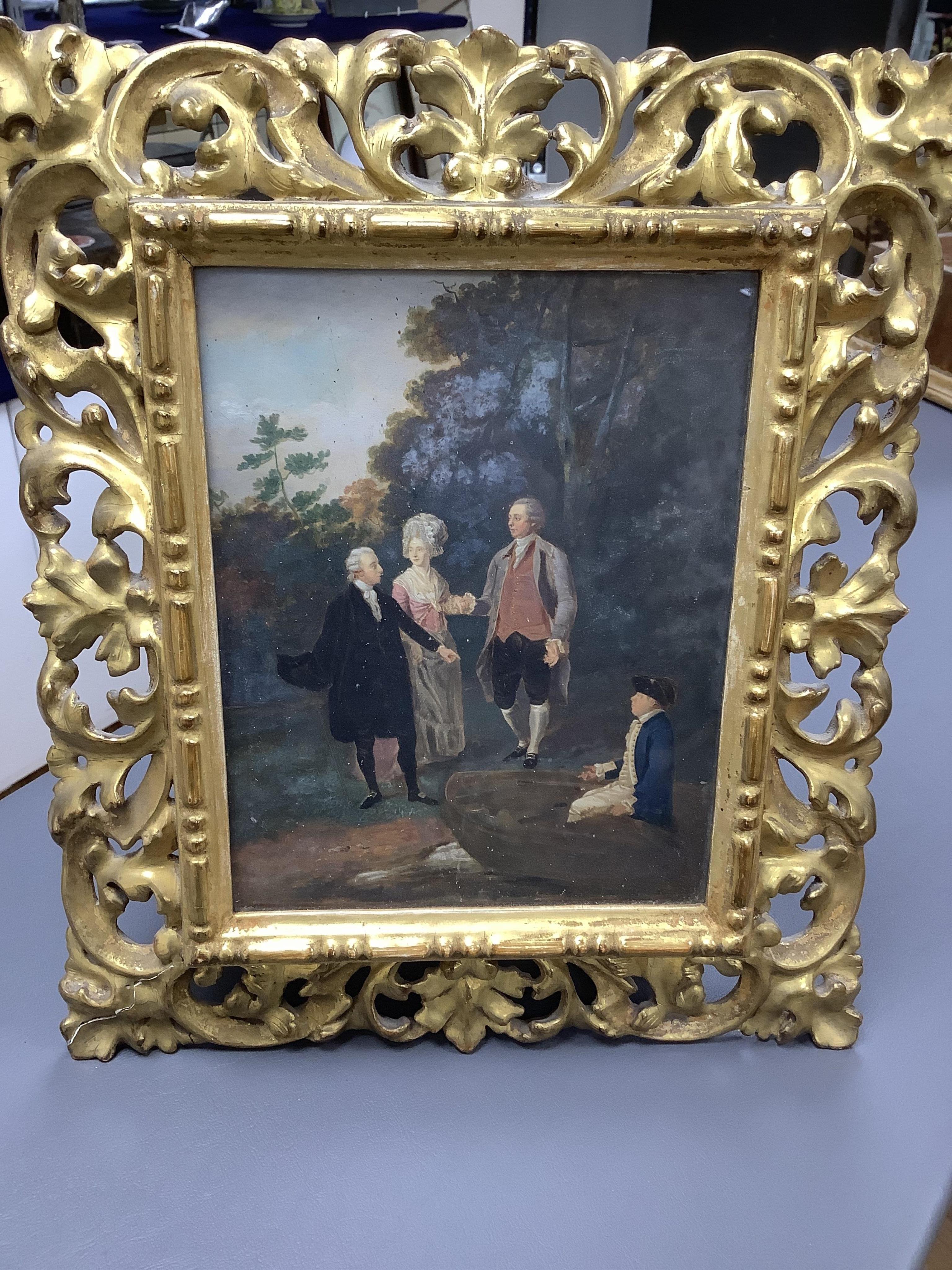 After Francis Wheatley RA (1747-1801), oil on board, ‘The Garden Party’, 22 x 17cm, housed in a giltwood Florentine frame. Condition - fair to good, some damage to the frame